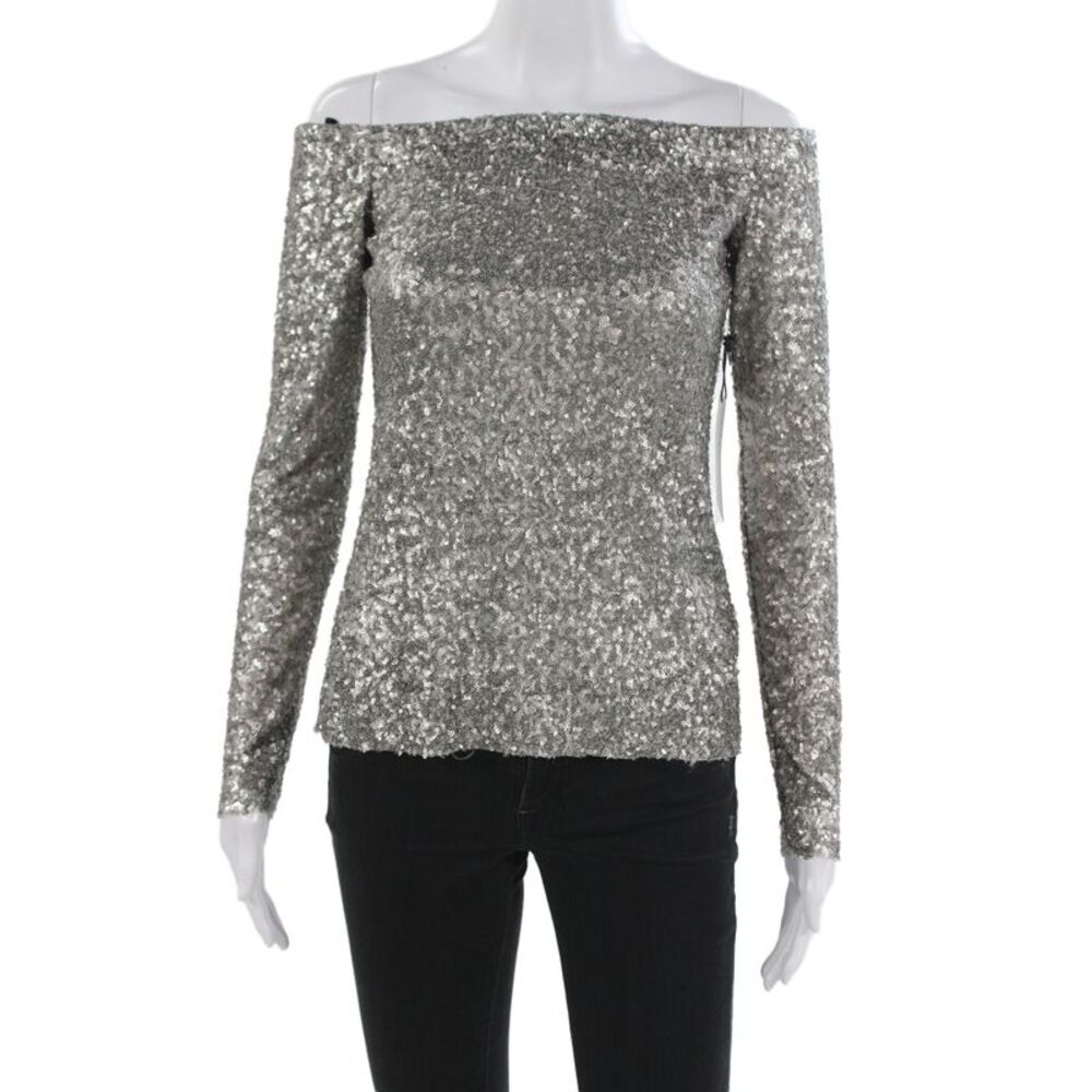 Bailey 44 Women Basic Off Shoulder Long Sleeve Silver Nylon Zip Blouse Size XS
